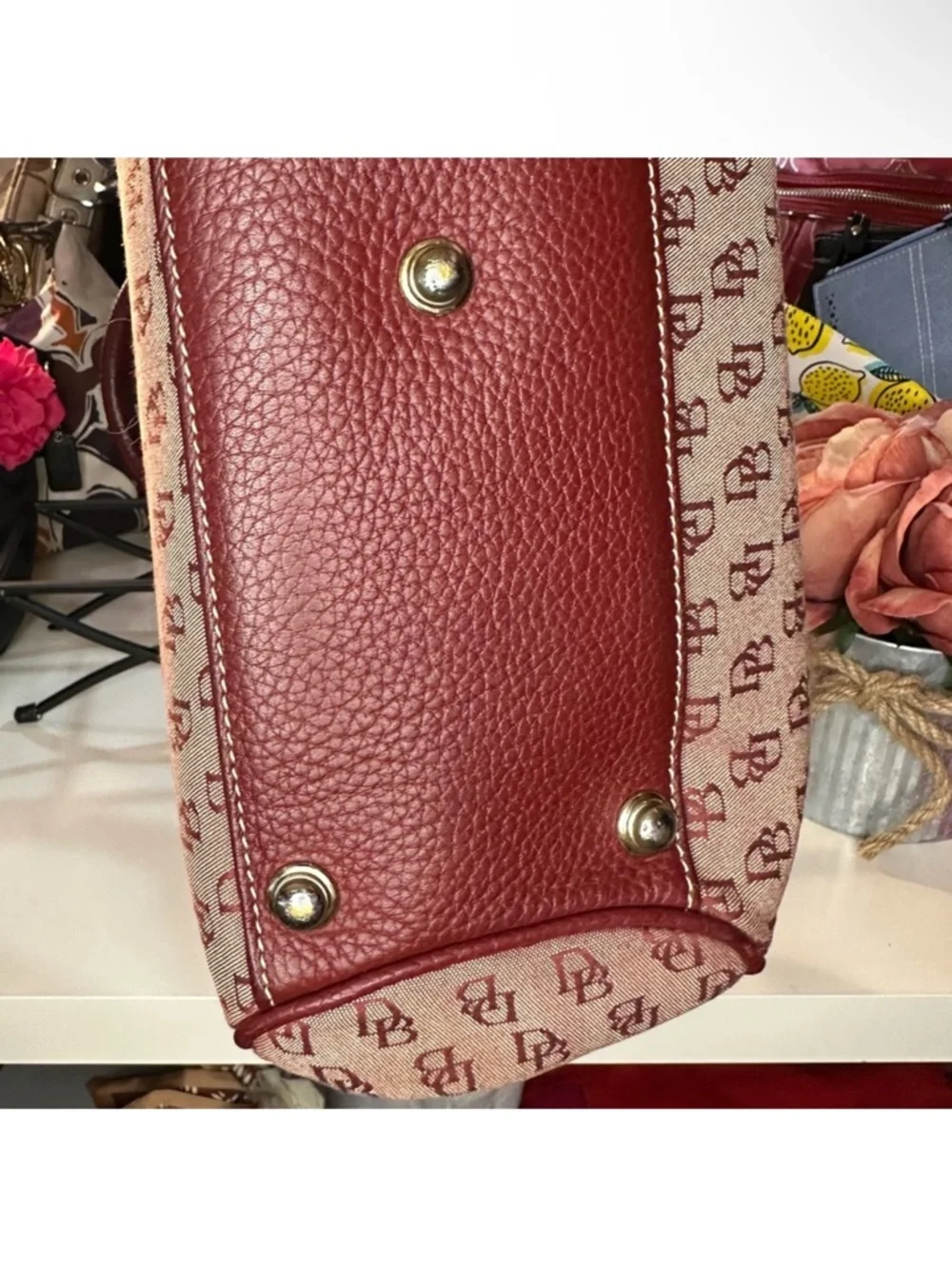Dooney & Bourke Pink Monogram Satchel with Burgundy Trim